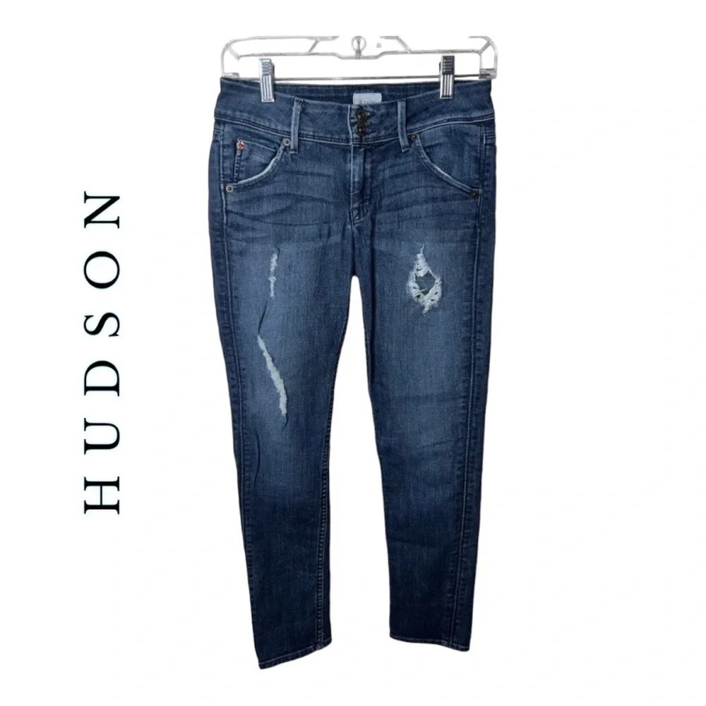 0234. HUDSON DENIM JEANS TAPERED LEG SIZE 25 DARK WASH DENIM IN COLOR DISTRESSED